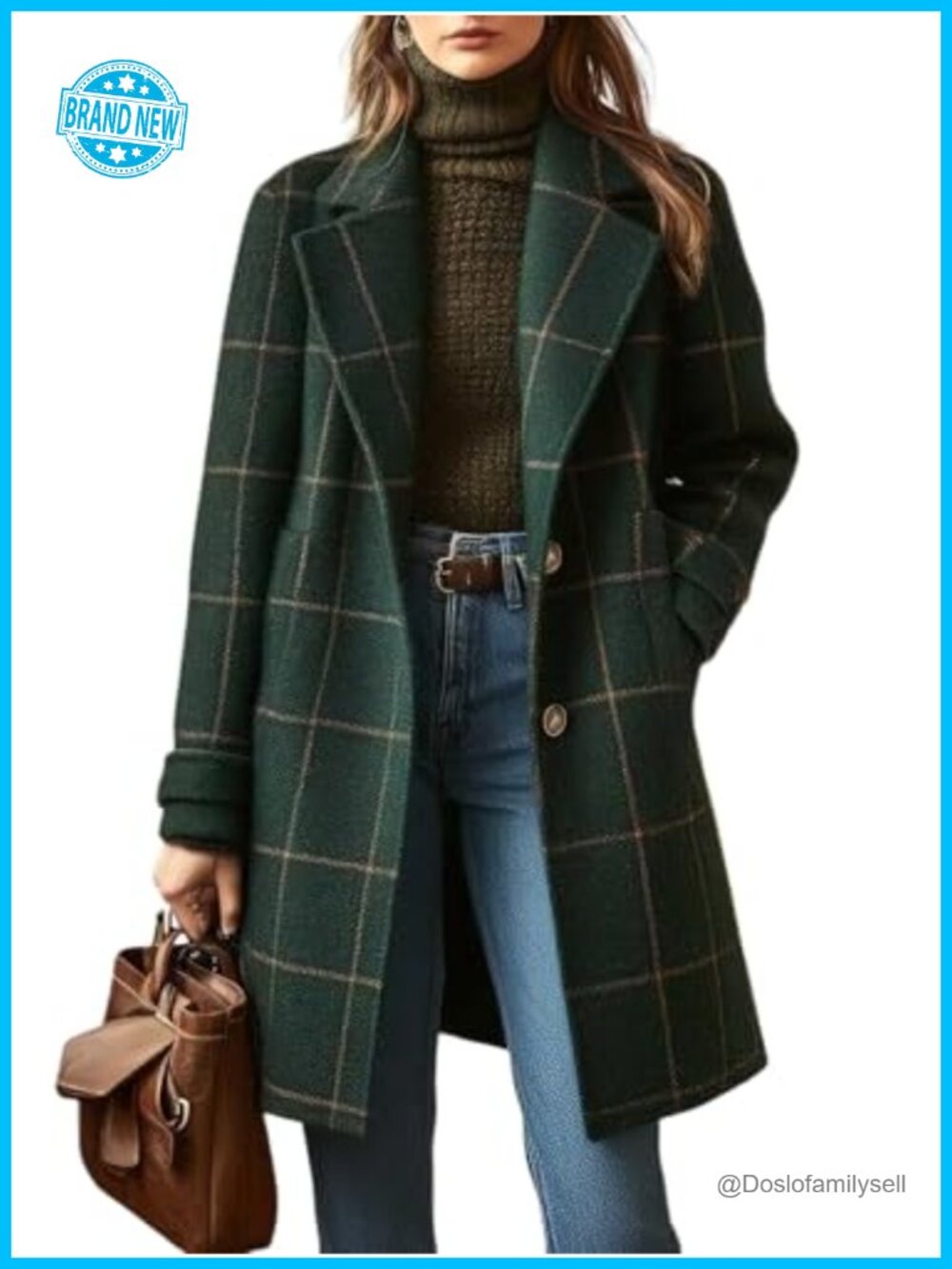 Plaid Wool Trench Coat Button Down Mid Long Overcoat Notch Collar
